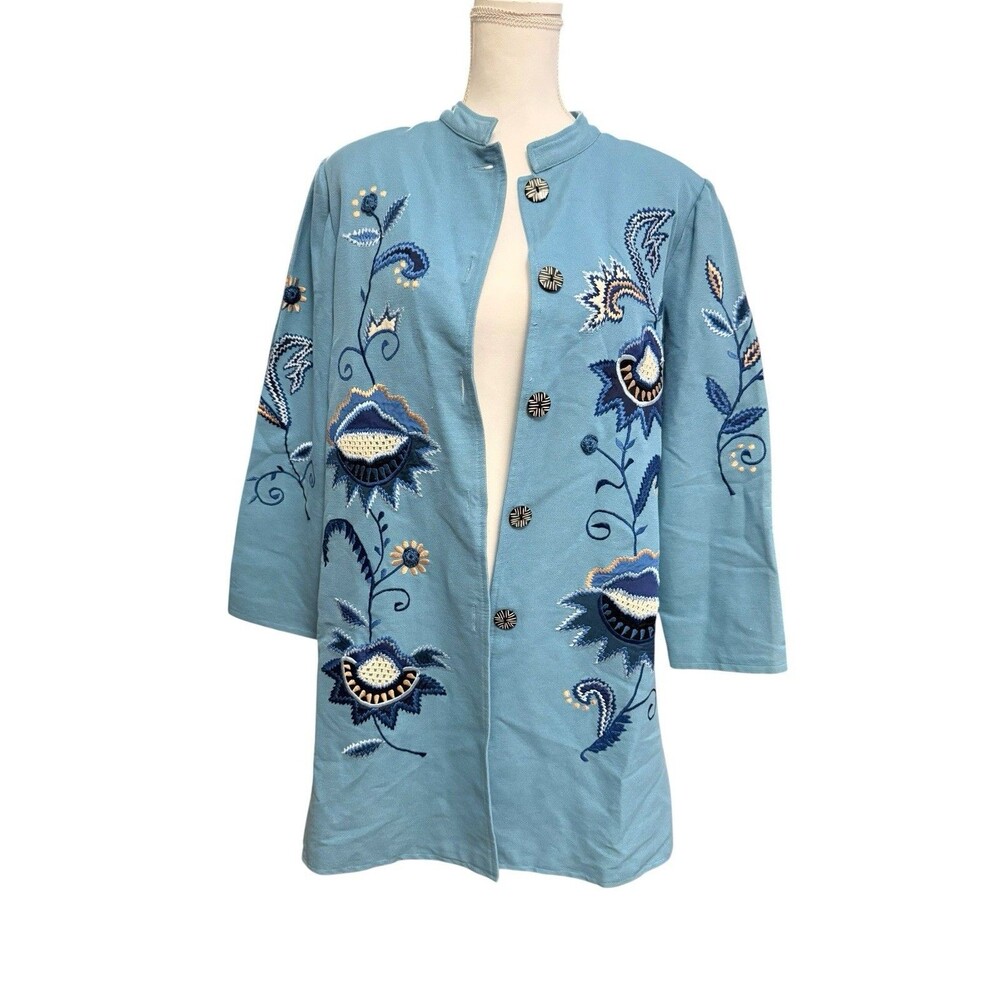 Indigo Moon Embroidered Floral Long Jacket Blue Cotton Mandarin Collar Size S - Picture 2 of 12